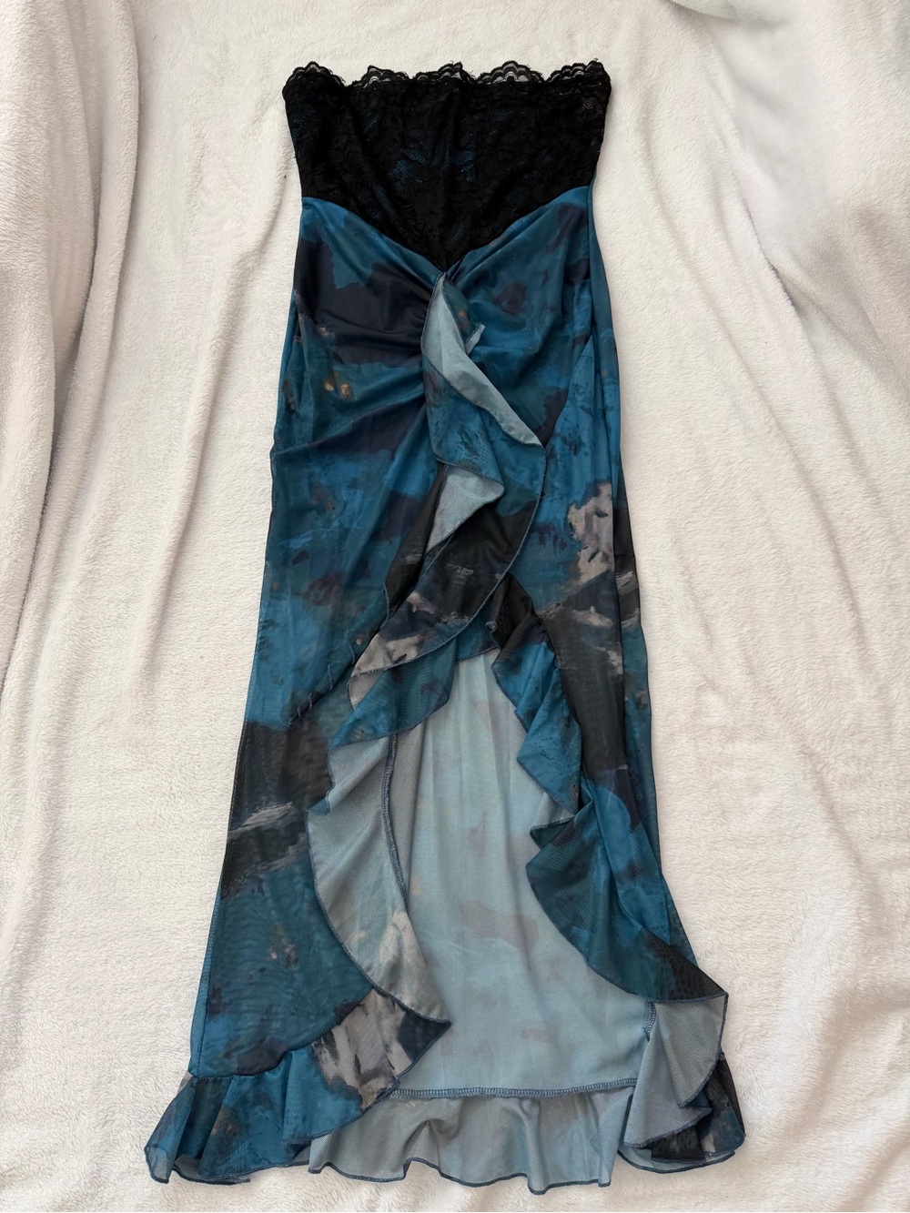 SHEIN Black Lace Bodice Teal Blue Print Strapless Maxi Dress